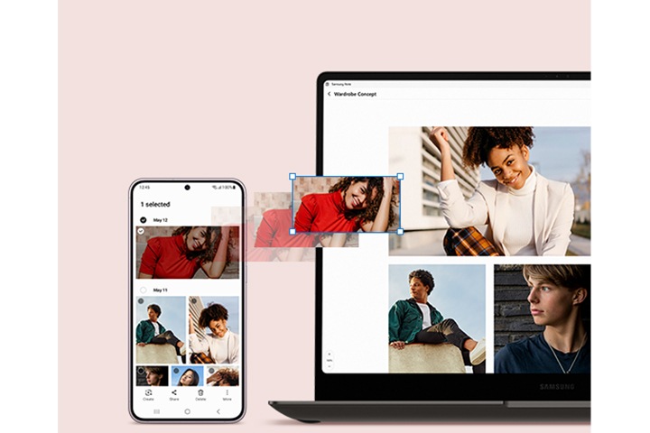 갤럭시 S23+ 에서 갤러리 앱이 열려 있습니다. 그 옆에는 노트북이 있고, 화면에는 옷장 컨셉의 프리젠테이션이 열려 있습니다. 갤럭시 S23 갤러리 앱의 인물사진이 노트북 화면의 프레젠테이션에 드래그 앤 드롭되고 있습니다.