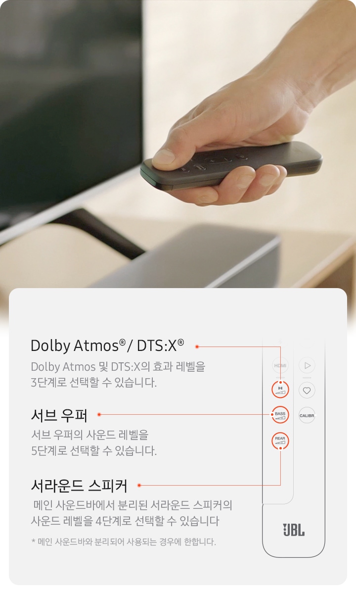 좌측에는 TV 앞에 리모컨을 든 남성의 손이 보이며 우측에는 리모컨 일러스트를 삽입하여 기능에 대해 설명하는 이미지가 들어가있습니다.  크게 세 가지로 나뉠 수 있는데 Dolby ATMOS 및 DTS:X의 사운드 레벨을 3단계로 직접 선택할 수 있는 기능. 메인 사운드바에서 분리된 서라운드 스피커의 사운드 레벨을 4단계로 직접 선택할 수 있는 기능. 서브 우퍼의 사운드 레벨을 5단계로 선택할 수 있는 기능이 설명되어 있습니다. 