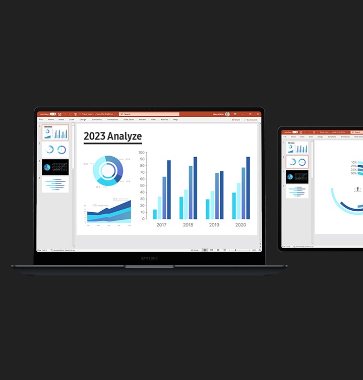 세컨드 스크린을 통한 듀얼 모니터 경험을 강조하기 위해 Microsoft PowerPoint 프레젠테이션이 갤럭시 북4 Ultra와 갤럭시 탭 S9 Ultra의 가로 모드 화면에 열려 있습니다.