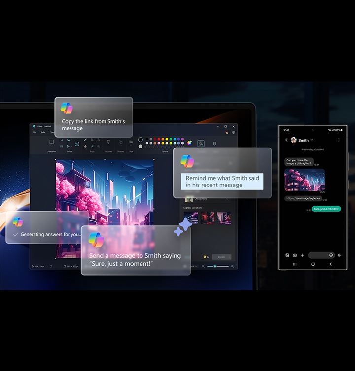 Galaxy Book4 Ultra와 Galaxy S24 Ultra는 Copilot의 개인화된 AI의 채팅 프롬프트를 사용하여 두 기기 모두에서 편집할 수 있도록 개방된 미래 도시의 이미지로 옆에 배치됩니다.