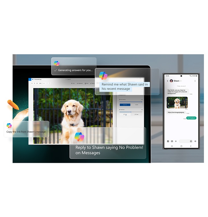 갤럭시 북4 프로 360과 갤럭시 S24 울트라는 코파일럿의 개인 맞춤형 AI가 제공하는 채팅 프롬프트를 이용해 두 기기 모두에서 편집이 가능하도록 개방된 강아지 이미지로 옆에 배치됐습니다.
