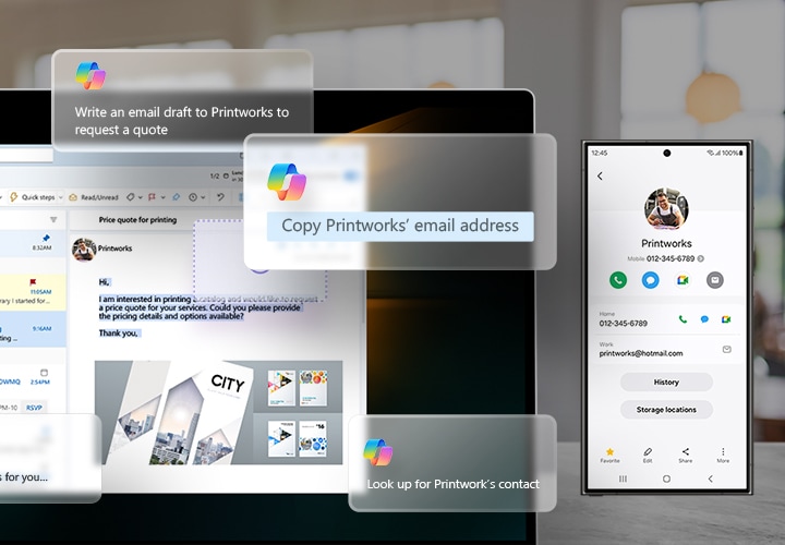 갤럭시 북4와 갤럭시 S24 Ultra가 나란히 배치되어 있습니다. 갤럭시 북4에서 Microsoft Copilot의 맞춤형 AI 채팅 프롬프트를 통해 갤럭시 S24 Ultra에 표시된 연락처 정보로 메시지를 보내고 있습니다. 