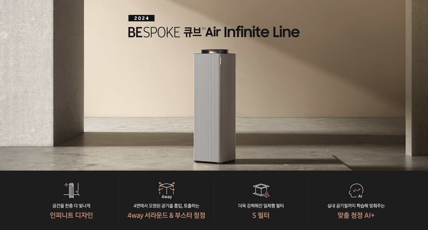 베이지 톤의 넓은 공간이 보입니다. 대리석 바닥 좌우로 기둥이 있고 그 가운에 BESPOKE 큐브™ Air Infinite Line 100㎡이 서 있습니다. 공기청정기 위로는 2024 BESPOKE 큐브™ Air Infinite Line이라는 문구가 적혀 있습니다.하단 제품 특장점에는 BESPOKE 큐브™ Air Infinite Line 아이콘이 반짝이는 효과를 준 아이콘과 함께 공간을 한층 더 빛나게 인피니트 디자인이라는 문구가 적혀 있습니다. 두 번째에는 사각의 공기청정기 사면으로 공기가 토출되는 모습의 화살표 아이콘과 함께 4way, 4면에서 오염된 공기를 흡입, 토출하는 4way 서라운드 & 부스터 청정이라는 문구가 적혀 있습니다. 세 번째로는 사각 박스 모양의 S 필터 옆 나무가 그려진 아이콘이 있고 더욱 강력해진 일체형 필터 S 필터라는 문구가 적혀 있습니다. 네 번째로는 사람의 옆모습 실루엣 안에 그래프가 그려져 있고 AI라고 적힌 아이콘과 함께 실내 공기질까지 학습해 맞춰주는 맞춤 청정 AI +라는 문구가 적혀 있습니다.