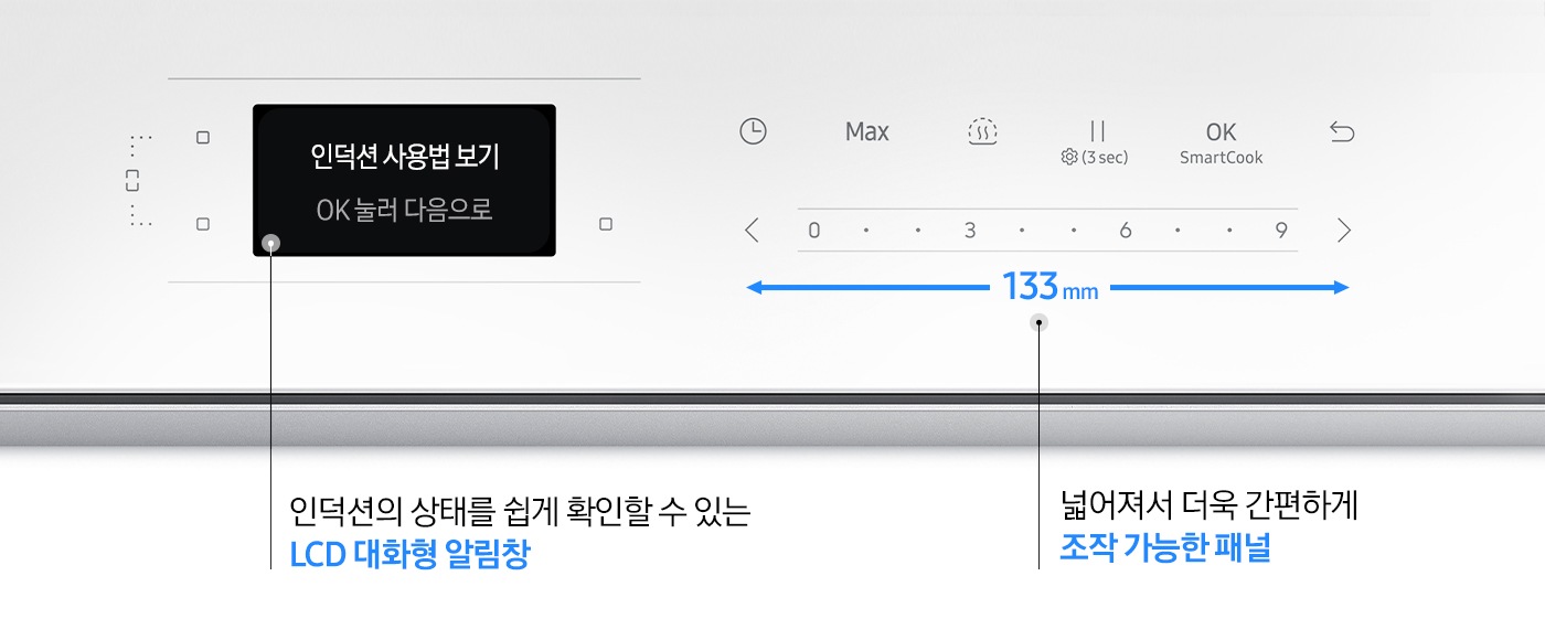 검은색 바 형태로 전기레인지 조작부가 크게 확대되어 보입니다. 왼쪽에는 LCD 대화형 알림 창이 보입니다. 알림 창 안에는 인덕션 사용법 보기, OK 눌러 다음으로 라는 문구가 적혀 있고 닷 형태의 표기 아래 인덕션의 상태를 쉽게 확인할 수 있는 LCD 대화형 알림 창이라는 설명이 적혀 있습니다. 오른쪽으로는 전기 레인지의 조작부가 보입니다. 타이머, Max, 가열, 일시정지, OK SmartCook, 되돌리기 화살표 아이콘이 좌에서 우로 순서대로 보이고 하단에는 < 0, 3, 6, 9 >에 따른 화력 조절 부위가 보입니다. 아래에는 갈색 화살표로 좌우로 넓어진 조작부가 강조되어 보이고 가운데에는 133mm라는 수치가 적혀있습니다. 닷 형태의 표기 아래 넓어져서 더욱 간편하게 조작 가능한 패널이라는 설명이 적혀 있습니다.