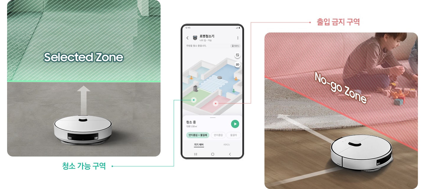 가운데에는 핸드폰 화면 안에 우리 집 청소 구역이 나타나 있는 맵이 보입니다. 하단엔 제트가 청소 중이라는 설정값이 보이고 4가지 설정 중 먼지 흡입 + 물걸레 부분이 작동 중 입이 표시되어 있습니다. 핸드폰 왼쪽으로는 셀렉티드 존으로 표기된 초록색 영역으로 진입 중인 제트가 보입니다. 하단에는 청소 가능 구역이라는 문구가 적여 있습니다. 왼쪽에는 러그 위에서 아이들이 놀고 있고 빨간색 영역으로 노 고 존이라는 문구가 적혀있습니다. 해당 구역을 회피하여 지나가는 제트의 모습이 보입니다. 상단에는 출입 금지 구역이라는 문구가 적혀 있습니다.