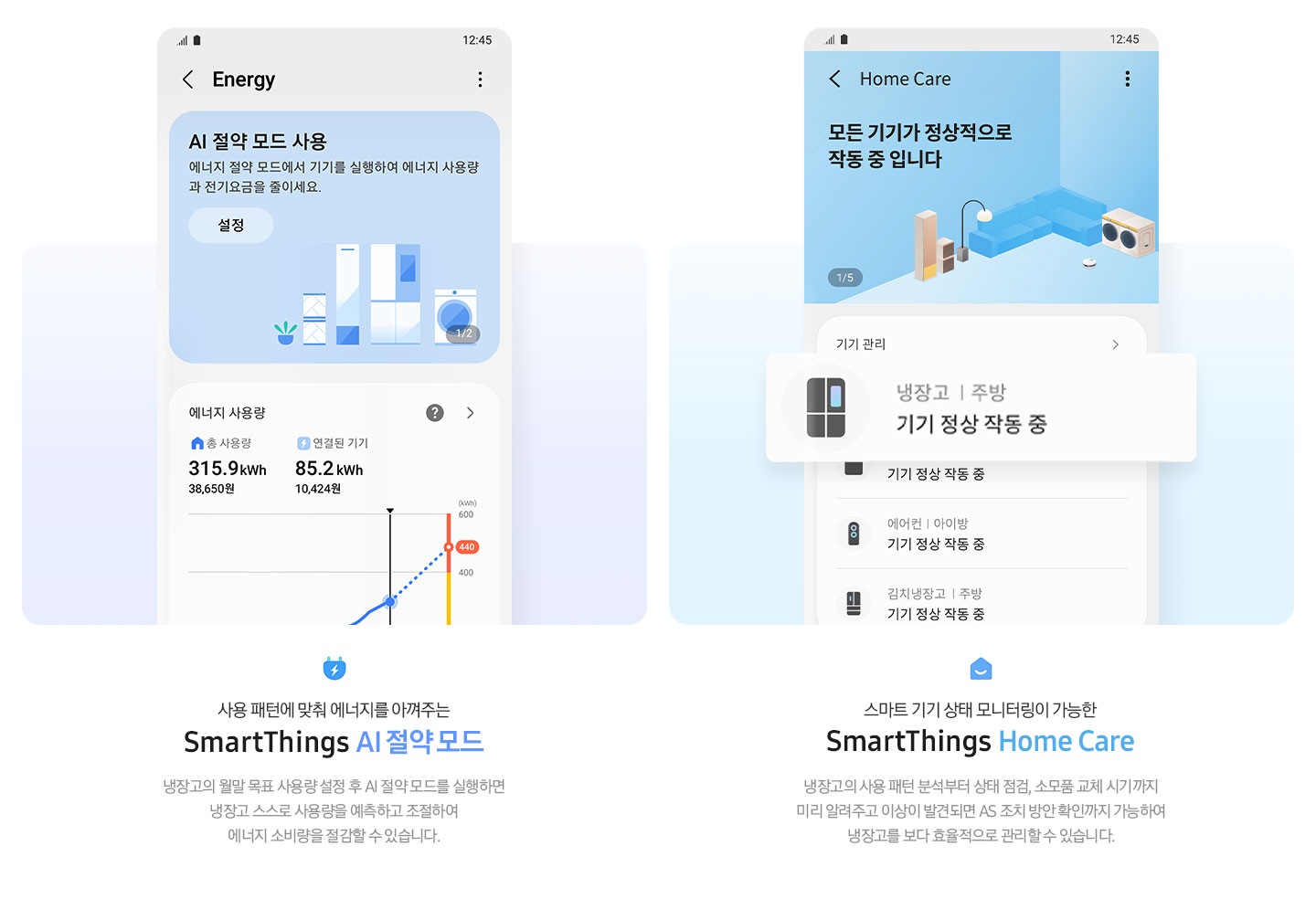 좌측에는 SmartThings 앱 내 Energy 페이지가 나와 있고 AI 절약 모드 사용 화면과 에너지 사용량이 나와있는 이미지 입니다. 아래에 콘센트 아이콘과 사용 패턴에 맞춰 에너지를 아껴주는 SmartThings AI 절약모드, 냉장고의 월말 목표 사용량 설정 후  AI 절약모드를 실행하면 냉장고 스스로 사용량을 예측하고 조절하여 에너지 소비량을 절감할 수 있습니다. 라는 문구가 나와있습니다. 우측에는 SmartThings 앱 내 HomeCare 페이지가 나와있고 냉장고 기기 정상 작동 중 알림 부분이 확대되어 있습니다. 아래에 홈 아이콘과 스마트 기기 상태 모니터링이 가능한 SmartThings Home Care, 냉장고의 사용 패턴 분석부터 상태 점검, 소모품 교체 싴기까지 미리 알려주고 이상이 발견되면 AS 조치 방안 확인까지 가능하여 냉장고를 보다 효율적으로 관리할 수 있습니다. 라는 문구가 나와있습니다.