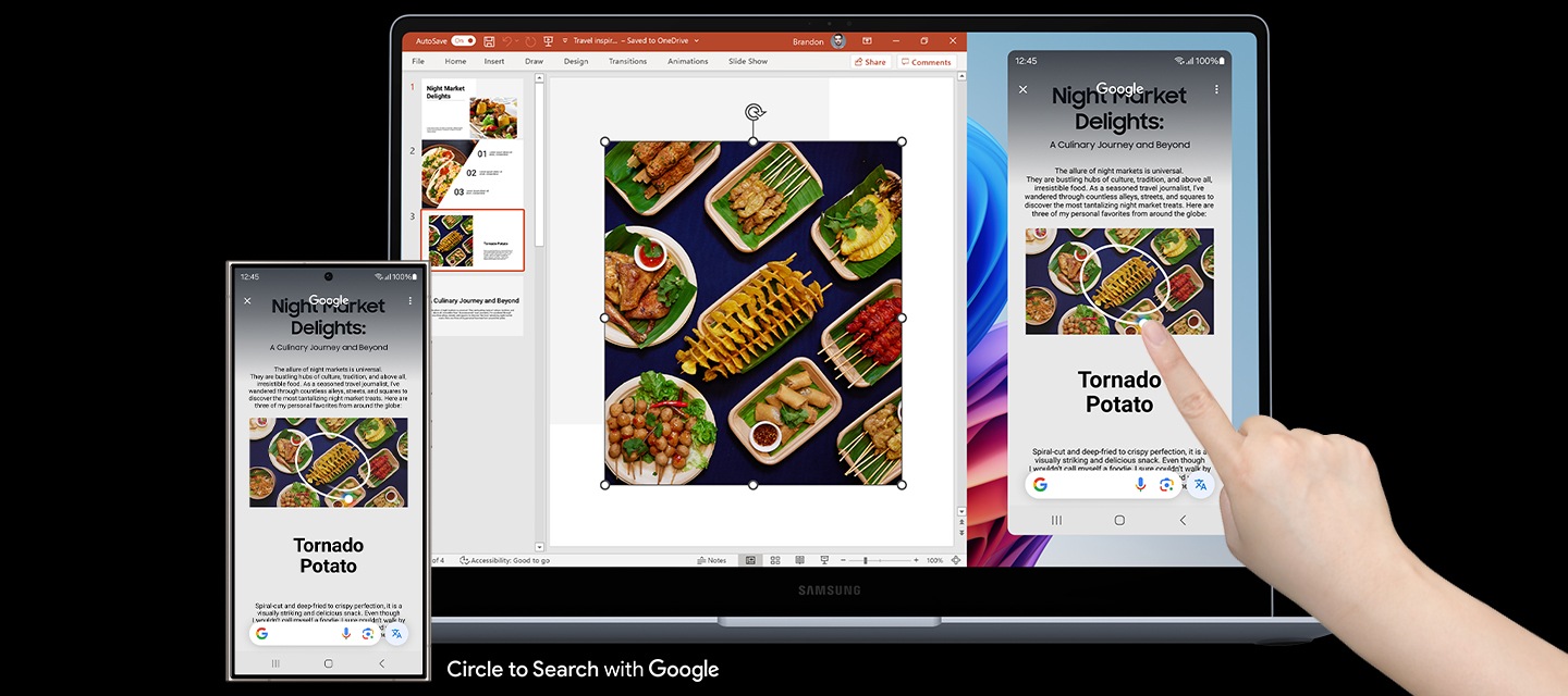 Phone Link 앱을 통해 갤럭시 S24 Ultra와 갤럭시 북4 Edge가 연결되었습니다. 한 사람이 갤럭시 S24 Ultra의 Note Assist를 사용해 음식 이미지를 검색한 다음 복사하여 갤럭시 북4 Edge 화면에 열린 프레젠테이션 파일에 붙여 넣고 있습니다.