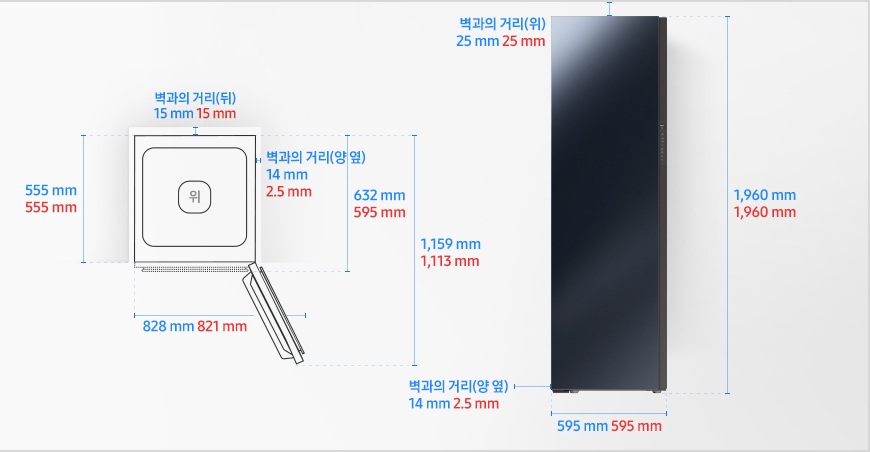 
                                    BESPOKE 에어드레서 대용량 설치 환경 가이드 이미지입니다. 
                                    모델에 따라 제품의 사이즈와 설치 환경 가이드가 상이합니다.  
                                    좌측 이미지는 제품의 평면도입니다. 
                                    DF10A9500CG 모델의 경우, 문을 열었을 때 제품의 폭은 828 mm, 문 포함 깊이는 1,159 mm이고
                                    문을 닫았을 때 제품의 문 포함 깊이는 632 mm, 문 제외 깊이는 555 mm입니다.
                                    제품과 양 옆 벽과의 간격은 각각 14 mm의 공간이 필요합니다. 
                                    제품과 후방 벽과의 간격은 15 mm의 공간이 필요합니다. 
                                    DF24CB9900CR 모델의 경우, 문을 열었을 때 제품의 폭은 821 mm, 문 포함 깊이는 1,113 mm이고
                                    문을 닫았을 때 제품의 문 포함 깊이는 595 mm, 문 제외 깊이는 555 mm입니다.
                                    제품과 양 옆 벽과의 간격은 각각 2.5 mm의 공간이 필요합니다. 
                                    제품과 후방 벽과의 간격은 15 mm의 공간이 필요합니다. 
                                    우측 이미지는 제품의 정면도입니다. 
                                    DF10A9500CG 모델의 경우, 제품과 천장과의 간격은 25 mm의 공간이 필요합니다. 
                                    제품의 폭은 595 mm이며, 높이는 1,960 mm입니다.
                                    제품과 양 옆 벽과의 간격은 각각 14 mm의 공간이 필요합니다. 
                                    DF24CB9900CR 모델의 경우, 제품과 천장과의 간격은 25 mm의 공간이 필요합니다. 
                                    제품의 폭은 595 mm이며, 높이는 1,960 mm입니다.
                                    제품과 양 옆 벽과의 간격은 각각 2.5 mm의 공간이 필요합니다.