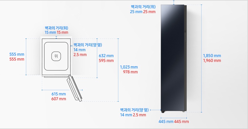 
                                    BESPOKE 에어드레서 일반 설치 환경 가이드 이미지입니다. 
                                    모델에 따라 제품의 사이즈와 설치 환경 가이드가 상이합니다.  
                                    좌측 이미지는 제품의 평면도입니다. 
                                    DF60A8500CG 모델의 경우, 
                                    문을 열었을 때 제품의 폭은 615 mm, 문 포함 깊이는 1,023 mm이고
                                    문을 닫았을 때 제품의 문 포함 깊이는 632 mm, 문 제외 깊이는 555 mm입니다.
                                    제품과 양 옆 벽과의 간격은 각각 14 mm의 공간이 필요합니다. 
                                    제품과 후방 벽과의 간격은 15 mm의 공간이 필요합니다. 

                                    DF18CB8700CR 모델의 경우, 
                                    문을 열었을 때 제품의 폭은 607 mm, 문 포함 깊이는 978 mm이고
                                    문을 닫았을 때 제품의 문 포함 깊이는 595 mm, 문 제외 깊이는 555 mm입니다.
                                    제품과 양 옆 벽과의 간격은 각각 2.5 mm의 공간이 필요합니다. 
                                    제품과 후방 벽과의 간격은 15 mm의 공간이 필요합니다. 

                                    우측 이미지는 제품의 정면도입니다. 
                                    DF60A8500CG 모델의 경우, 제품과 천장과의 간격은 25 mm의 공간이 필요합니다. 
                                    제품의 폭은 455 mm이며, 높이는 1,850 mm입니다.
                                    제품과 양 옆 벽과의 간격은 각각 14 mm의 공간이 필요합니다. 
                                    DF18CB8700CR 모델의 경우, 제품과 천장과의 간격은 25 mm의 공간이 필요합니다. 
                                    제품의 폭은 455 mm이며, 높이는 1,960 mm입니다.
                                    제품과 양 옆 벽과의 간격은 각각 2.5 mm의 공간이 필요합니다. 