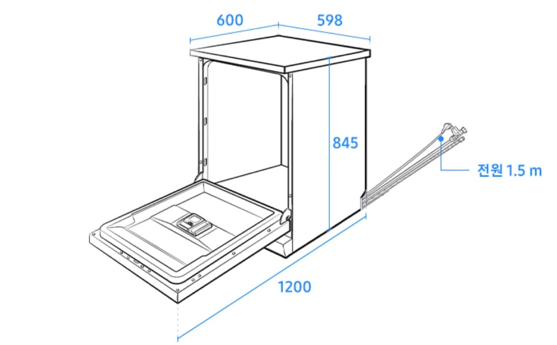 식기세척기의 폭이 598, 깊이가 600, 높이가 845, 문을 열었을 때 총 깊이가 1200, 전원 선의 길이가 1.5m로 기재된 도면이 있습니다.