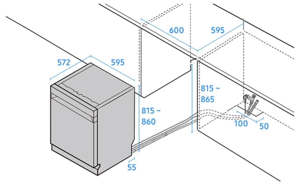 식기세척기의 폭이 595, 깊이가 572, 높이가 815~860, 싱크 하부장의 폭이 600, 깊이가 595, 높이가 815~865, 급/배수관의 폭이 100, 깊이가 50으로 기재된 도면이 있습니다.