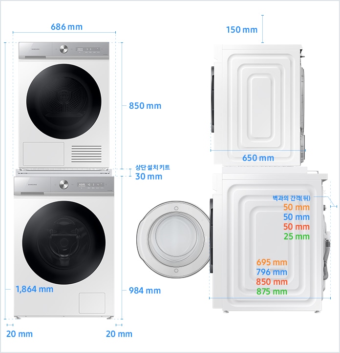 
                            10 kg 건조기 직렬설치(상단 설치 키트) 설치 환경 가이드 이미지입니다.
                            좌측 이미지는 제품의 정면도입니다. 제품의 폭은 686 mm, 하단 세탁기 높이는 984 mm, 상단 건조기 높이는 850 mm, 상단 설치 키트 높이는 30 mm이며, 상단 설치 키트로 직렬 설치된 세탁기와 건조기 전체 높이는 1,864 mm입니다.
                            제품과 양 옆 벽과의 간격은 각각 20 mm의 공간이 필요합니다.
                            우측 이미지는 제품의 측면도입니다. 제품과 천장과의 간격은 150 mm의 공간이 필요합니다.
                            제품의 하단은 세탁기, 상단은 건조기에 해당하며 모델에 따라 제품의 깊이와 설치 환경 가이드가 상이합니다.
                            건조기 DV10BB8*, 세탁기 WW13BB8* 모델의 경우, 하단 세탁기 깊이는 695 mm입니다. 하단 세탁기와 후방 벽과의 간격은 50 mm의 공간이 필요합니다.
                            건조기 DV10BB8*, 세탁기 WF19*/WF21* 모델의 경우, 하단 세탁기 깊이는 796 mm입니다. 하단 세탁기와 후방 벽과의 간격은 50 mm의 공간이 필요합니다.
                            건조기 DV10BB8*, 세탁기 WF23*/WF24* 모델의 경우, 하단 세탁기 깊이는 850 mm입니다. 하단 세탁기와 후방 벽과의 간격은 50 mm의 공간이 필요합니다.
                            건조기 DV10BB8*, 세탁기 WF25* 모델의 경우, 하단 세탁기 깊이는 875 mm입니다. 하단 세탁기와 후방 벽과의 간격은 25 mm의 공간이 필요합니다.
                            상단 건조기의 깊이는 650 mm입니다.