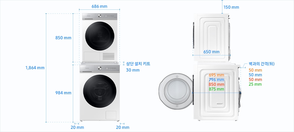 
                            10 kg 건조기 직렬설치(상단 설치 키트) 설치 환경 가이드 이미지입니다.
                            좌측 이미지는 제품의 정면도입니다. 제품의 폭은 686 mm, 하단 세탁기 높이는 984 mm, 상단 건조기 높이는 850 mm, 상단 설치 키트 높이는 30 mm이며, 상단 설치 키트로 직렬 설치된 세탁기와 건조기 전체 높이는 1,864 mm입니다.
                            제품과 양 옆 벽과의 간격은 각각 20 mm의 공간이 필요합니다.
                            우측 이미지는 제품의 측면도입니다. 제품과 천장과의 간격은 150 mm의 공간이 필요합니다.
                            제품의 하단은 세탁기, 상단은 건조기에 해당하며 모델에 따라 제품의 깊이와 설치 환경 가이드가 상이합니다.
                            건조기 DV10BB8*, 세탁기 WW13BB8* 모델의 경우, 하단 세탁기 깊이는 695 mm입니다. 하단 세탁기와 후방 벽과의 간격은 50 mm의 공간이 필요합니다.
                            건조기 DV10BB8*, 세탁기 WF19*/WF21* 모델의 경우, 하단 세탁기 깊이는 796 mm입니다. 하단 세탁기와 후방 벽과의 간격은 50 mm의 공간이 필요합니다.
                            건조기 DV10BB8*, 세탁기 WF23*/WF24* 모델의 경우, 하단 세탁기 깊이는 850 mm입니다. 하단 세탁기와 후방 벽과의 간격은 50 mm의 공간이 필요합니다.
                            건조기 DV10BB8*, 세탁기 WF25* 모델의 경우, 하단 세탁기 깊이는 875 mm입니다. 하단 세탁기와 후방 벽과의 간격은 25 mm의 공간이 필요합니다.
                            상단 건조기의 깊이는 650 mm입니다.