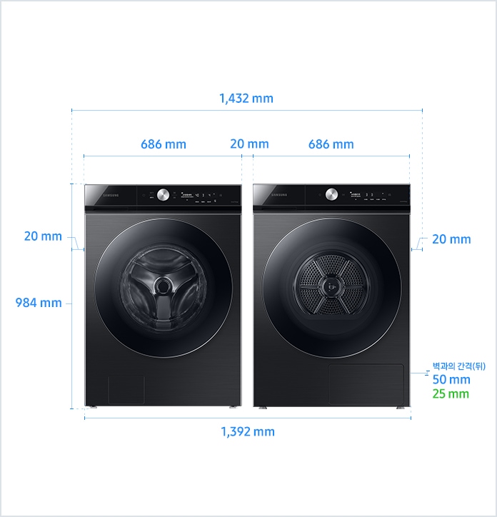 
                            22/21년형 BESPOKE 그랑데AI 병렬 설치 환경 가이드 이미지입니다.
                            좌측에 세탁기, 우측에 건조기가 병렬설치된 제품의 정면도입니다.
                            좌측 세탁기 제품의 폭은 686 mm이며, 높이는 984 mm입니다.
                            우측 건조기 제품의 폭은 686 mm이며, 높이는 984 mm입니다.
                            병렬 설치된 세탁기, 건조기와 양 옆 벽과의 간격을 포함한 전체 폭은 1,392 mm이며, 병렬 설치된 제품과 양 옆 벽과의 간격은 각각 20 mm의 공간이 필요합니다.
                            세탁기와 건조기 사이 간격은 20 mm의 공간이 필요합니다.
                            건조기 DV19A*/DV20A*/DV20B*, 세탁기 WF24A*/WF24B* 모델의 경우, 제품과 후방 벽과의 간격은 50 mm의 공간이 필요합니다.
                            건조기 DV19A*/DV20A*/DV20B*, 세탁기 WF25B* 모델의 경우, 제품과 후방 벽과의 간격은 25 mm의 공간이 필요합니다.