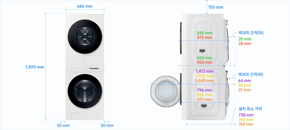 
                            BESPOKE 그랑데AI 원바디 Top-Fit 설치 환경 가이드 이미지입니다.
                            좌측 이미지는 제품의 정면도입니다. 제품의 폭은  686 mm, 높이는 1,890 mm입니다.
                            제품과 양 옆 벽과의 간격은 각각 50 mm의 공간이 필요합니다.
                            우측 이미지는 제품의 측면도입니다. 제품과 천장과의 간격은 150 mm의 공간이 필요합니다.
                            제품의 하단은 세탁기, 상단은 건조기에 해당하며 모델에 따라 제품의 깊이와 설치 환경 가이드가 상이합니다.
                            WF2521HC* 모델의 경우, 제품의 깊이는 875 mm입니다.
                            하단 세탁기의 깊이는 875 mm, 상단 건조기의 깊이는 872 mm입니다.
                            하단 세탁기 문을 열었을 때, 후방 벽과의 간격을 포함한 깊이는 1,445 mm이고,
                            하단 세탁기와 후방 벽과의 간격은 25 mm의 공간이 필요합니다.
                            상단 건조기와 후방 벽과의 간격을 포함한 깊이는 900 mm이고, 상단 건조기와 후방 벽과의 간격은 28 mm의 공간이 필요합니다.
                            후방 벽을 기준으로 설치 최소 거리는 769 mm입니다.
                            WF2421HC* 모델의 경우, 제품의 깊이는 872 mm입니다.
                            하단 세탁기의 깊이는 850 mm, 상단 건조기의 깊이는 872 mm입니다.
                            하단 세탁기 문을 열었을 때, 후방 벽과의 간격을 포함한 깊이는 1,445 mm이고,
                            하단 세탁기와 후방 벽과의 간격은 50 mm의 공간이 필요합니다.
                            상단 건조기와 후방 벽과의 간격을 포함한 깊이는 900 mm이고, 상단 건조기와 후방 벽과의 간격은 28 mm의 공간이 필요합니다.
                            후방 벽을 기준으로 설치 최소 거리는 769 mm입니다.
                            WF2117HC* 모델의 경우, 제품의 깊이는 840 mm입니다.
                            하단 세탁기의 깊이는 796 mm, 상단 건조기의 깊이는 840 mm입니다.
                            하단 세탁기 문을 열었을 때, 후방 벽과의 간격을 포함한 깊이는 1,413 mm이고,
                            하단 세탁기와 후방 벽과의 간격은 64 mm의 공간이 필요합니다.
                            상단 건조기와 후방 벽과의 간격을 포함한 깊이는 860 mm이고, 상단 건조기와 후방 벽과의 간격은 20 mm의 공간이 필요합니다.
                            후방 벽을 기준으로 설치 최소 거리는 738 mm입니다.