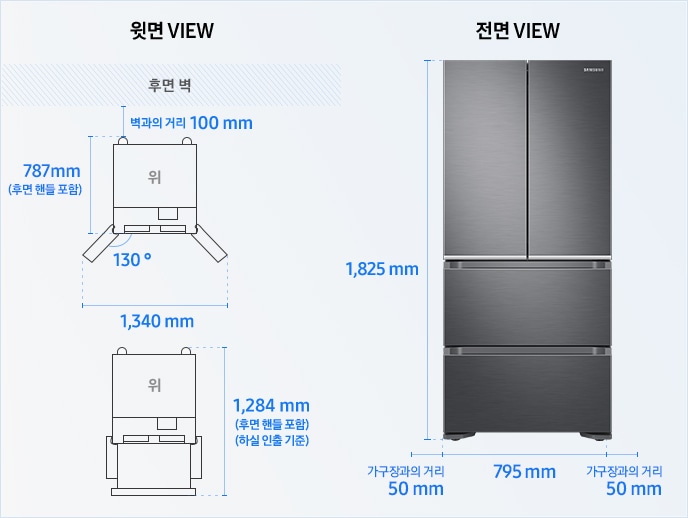 [윗면 VIEW] 냉장고장 후면 벽과의 거리 100mm, 냉장고 가로(좌우 문 열린 상태로 측정) 1,340mm, 세로(후면 핸들 포함) 787mm, 세로(후면 핸들 포함+하실 인출 기준) 1,284mm, [전면VIEW] 냉장고 높이 1,825mm, 너비 795mm, 좌우 가구장과의 거리 50mm 필요