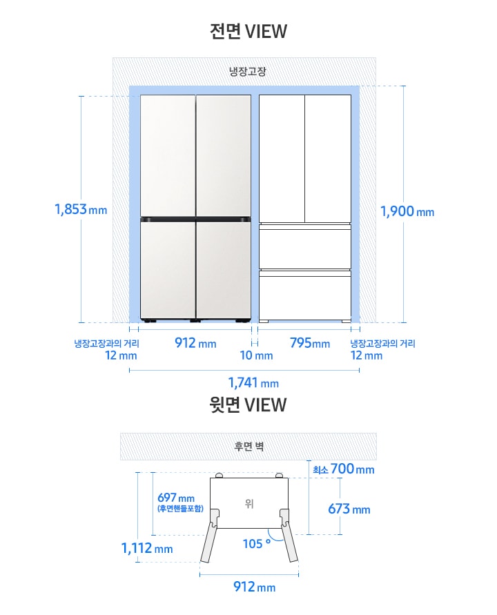 BESPOKE 냉장고 Infinite Line 4도어 키친핏 모델 단독 설치가이드 이미지입니다. 좌측 윗면 VIEW 영역에는 후면 핸들 포함 길이 697 mm, 핸들 미포함 길이 673 mm, 도어 오픈 최대 각도 105도, 최대 도어 열림길이 포함한 제품 정면 길이 912 mm 가 표기되어 있습니다. 제품 정면(도어 제외) 단면에서 제품 후면 끝까지의 길이 최소 700 mm, 도어 오픈 105도 시 도어길이를 포함한 측면 길이 1,112 mm 이 표기되어 있습니다. 우측 전면 VIEW 영역에는 상하칸 타임리스 그레이지 패널이 부착된 BESPOKE 냉장고 4도어 Infinite Line 제품 이미지와 김치플러스 3도어 일러스트 이미지로 구성된 조합이 있고, 양쪽 냉장고장과의 거리 12 mm, 제품 자체 가로 길이인 냉장고 912 mm, 김치플러스 795 mm, 제품간 간격 10 mm, 이를 모두 더한 두 제품 조합 전체 가로 길이인 1,741 mm와 함께 제품 자체 높이인 1,853mm와 최소 간격을 포함한 높이인 1,900 mm가 표기되어 있습니다.