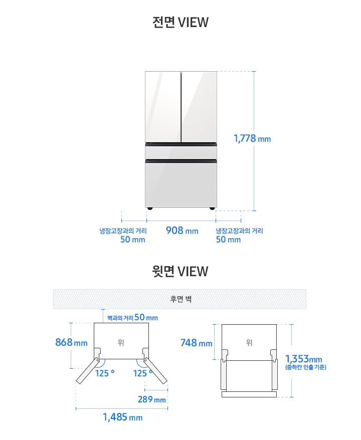 BESPOKE 냉장고 4도어 프리스탠딩 RF75* 모델 단독 설치가이드 이미지입니다. 좌측 윗면 VIEW 영역에는 벽과의 거리 50mm, 후면 핸들 포함 길이 868mm, 도어 오픈 최대 각도 125도, 최대 각도로 오픈 시 도어 열림 길이 289mm, 최대 도어 열림 길이를 포함한 제품 가로 길이 1,485mm가 표기되어 있습니다. 제품 정면(도어 제외) 단면에서 제품 후면 끝까지의 길이 748mm, 도어 오픈(중하칸 인출 기준) 90도 시 도어 길이를 포함한 길이 1,353mm가 표기되어 있습니다. 우측 전면 VIEW 영역에는 상하칸 글램 화이트 패널이 부착된 BESPOKE 냉장고 4도어 제품 이미지와 함께 제품 높이 1,778mm, 제품 가로 길이 908mm, 냉장고장과의 거리 50mm가 표기되어 있습니다.