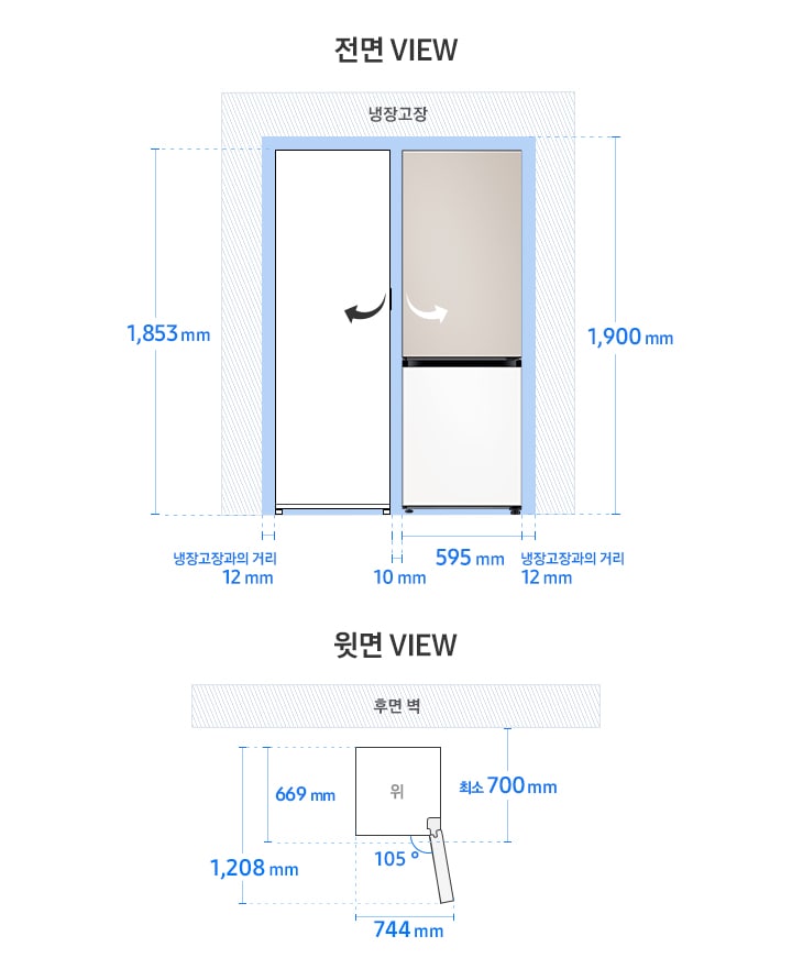 BESPOKE 냉장고 2도어 키친핏 모델 단독 설치가이드 이미지입니다. 좌측 윗면 VIEW 영역에는 후면 핸들 포함 길이 669mm, 도어 오픈 최대 각도 105도, 최대 도어 열림 길이를 포함한 제품 정면 길이 744mm가 표기되어 있습니다. 제품 정면(도어 제외) 단면에서 제품 후면 끝까지의 길이 최소 700mm, 도어 오픈 105도 시 도어 길이를 포함한 측면 길이 1,208mm가 표기되어 있습니다.우측 전면 VIEW 영역에는 상칸 새틴 베이지, 하칸 코타 화이트 패널이 부착된 BESPOKE 냉장고 2도어 제품 이미지와 냉장고 1도어 일러스트 이미지로 구성된 조합이 있고, 양쪽 냉장고장과의 거리 12mm, 제품 가로 길이인 595mm, 제품간 간격 10mm와 함께 제품 자체 높이인 1,853mm와 최소 간격을 포함한 높이인 1,900 mm가 표기되어 있습니다.