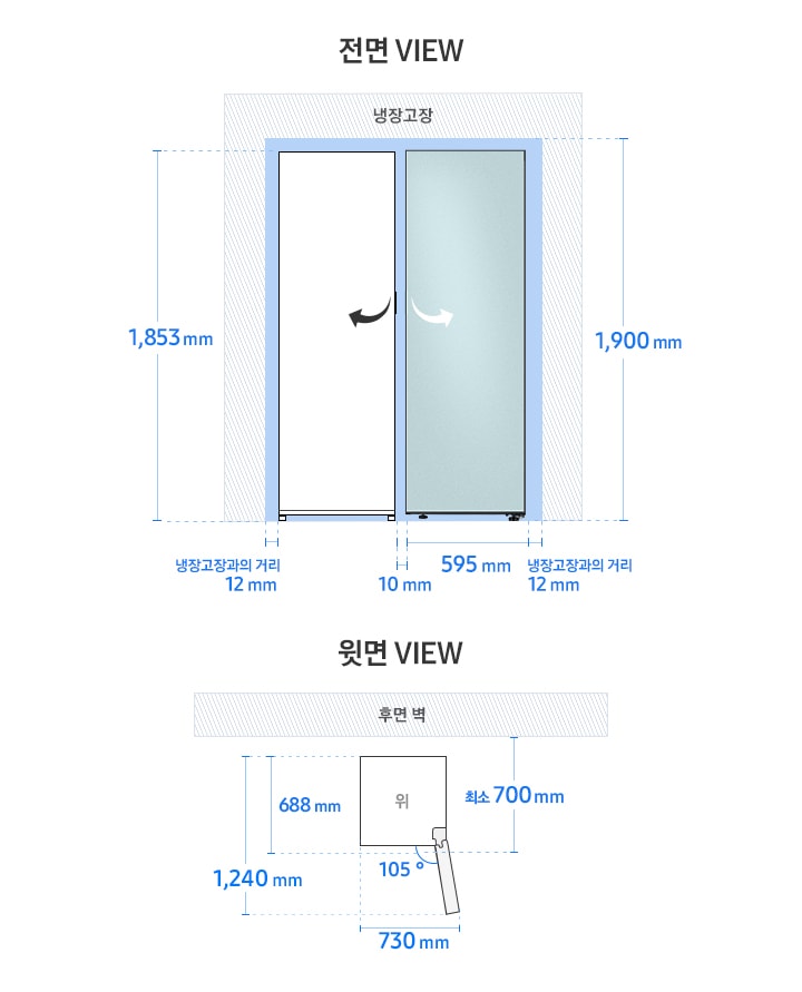 BESPOKE 냉장고 1도어 키친핏 RR40*(냉장)/RZ34*(냉동) 모델 단독 설치가이드 이미지입니다. 좌측 윗면 VIEW 영역에는 후면 핸들 포함 길이 688mm, 도어 오픈 최대 각도 105도, 최대 도어 열림 길이를 포함한 제품 정면 길이 730mm가 표기되어 있습니다. 제품 정면(도어 제외) 단면에서 제품 후면 끝까지의 길이 최소 700mm, 도어 오픈 105도 시 도어 길이를 포함한 측면 길이 1,240mm가 표기되어 있습니다. 우측 전면 VIEW 영역에는 코타 모닝 블루 패널이 부착된 BESPOKE 냉장고 1도어 제품 이미지와 냉장고 1도어 일러스트 이미지로 구성된 조합이 있고, 양쪽 냉장고장과의 거리 12mm, 제품 가로 길이인 595mm, 제품간 간격 10mm와 함께 제품 자체 높이인 1,853mm와 최소 간격을 포함한 높이인 1,900 mm가 표기되어 있습니다.