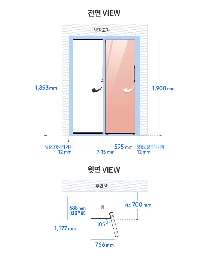 BESPOKE 김치플러스 1도어 키친핏 RQ32*(도어핸들) 모델 단독 설치가이드 이미지 입니다. 좌측 윗면 VIEW 영역에는 전면 핸들 포함 길이 688mm, 도어 오픈 최대 각도 105도, 최대 도어 열림 길이를 포함한 제품 정면 길이 766mm가 표기되어 있습니다. 제품 정면(도어 제외) 단면에서 제품 후면 끝까지의 길이 최소 700mm, 도어 오픈 105도 시 도어 길이를 포함한 측면 길이 1,177mm가 표기되어 있습니다. 우측 전면 VIEW 영역에는 BESPOKE 김치플러스 1도어(우열림)에 글램피치 패널이 부착되어 있고, 1도어 도어핸들 있는 일러스트 이미지와 함께 제품 전체 높이 1,853mm, 냉장고장과의 거리 12mm, 김치플러스 1도어 제품 길이 595mm, 최소간격 포함한 높이 1,900mm, 냉장고장과의 거리 12mm가 표기되어 있습니다.