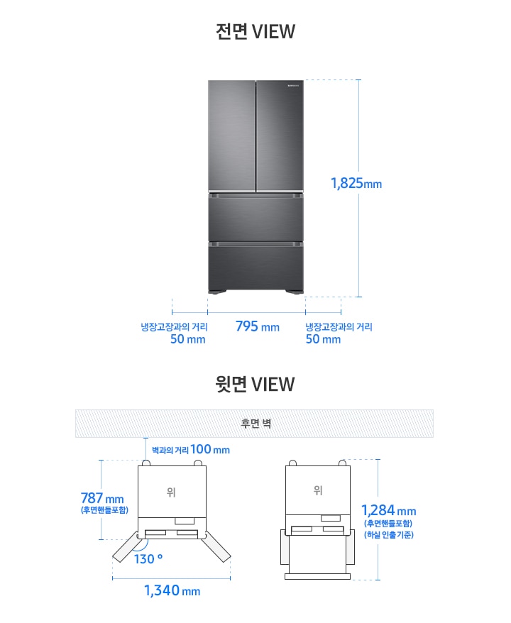 김치플러스 스탠드형 4도어 설치가이드 이미지입니다. 좌측 윗면 VIEW 영역에는 벽과의 거리 100mm, 후면 핸들 포함 길이 787mm, 도어 오픈 최대 각도 130도, 최대 도어 열림 길이를 포함한 제품 가로 길이 1,340mm가 표기되어 있습니다. 후면 핸들 포함, 하실 인출 됐을 때의 길이를 포함한 길이 1,284mm가 표기되어 있습니다. 우측 전면 VIEW 영역에는 김치플러스 스탠드형 4도어 리파인드 이녹스 제품 이미지와 함께 제품 높이 1,825mm, 제품 가로 길이 795mm, 냉장고장과의 거리 50mm가 표기되어 있습니다.