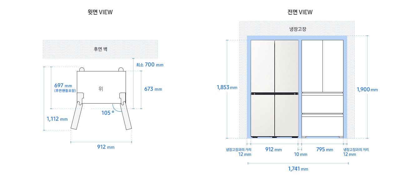 BESPOKE 냉장고 Infinite Line 4도어 키친핏 모델 단독 설치가이드 이미지입니다. 좌측 윗면 VIEW 영역에는 후면 핸들 포함 길이 697 mm, 핸들 미포함 길이 673 mm, 도어 오픈 최대 각도 105도, 최대 도어 열림길이 포함한 제품 정면 길이 912 mm 가 표기되어 있습니다. 제품 정면(도어 제외) 단면에서 제품 후면 끝까지의 길이 최소 700 mm, 도어 오픈 105도 시 도어길이를 포함한 측면 길이 1,112 mm 이 표기되어 있습니다. 우측 전면 VIEW 영역에는 상하칸 타임리스 그레이지 패널이 부착된 BESPOKE 냉장고 4도어 Infinite Line 제품 이미지와 김치플러스 3도어 일러스트 이미지로 구성된 조합이 있고, 양쪽 냉장고장과의 거리 12 mm, 제품 자체 가로 길이인 냉장고 912 mm, 김치플러스 795 mm, 제품간 간격 10 mm, 이를 모두 더한 두 제품 조합 전체 가로 길이인 1,741 mm와 함께 제품 자체 높이인 1,853mm와 최소 간격을 포함한 높이인 1,900 mm가 표기되어 있습니다.