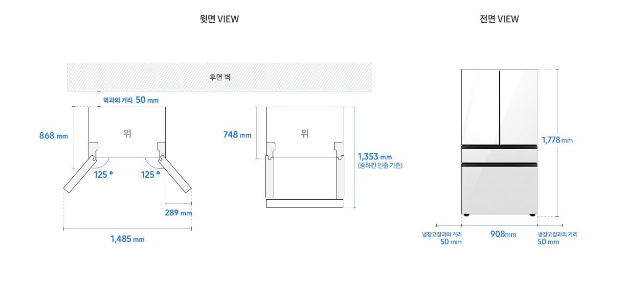 BESPOKE 냉장고 4도어 프리스탠딩 RF75* 모델 단독 설치가이드 이미지입니다. 좌측 윗면 VIEW 영역에는 벽과의 거리 50mm, 후면 핸들 포함 길이 868mm, 도어 오픈 최대 각도 125도, 최대 각도로 오픈 시 도어 열림 길이 289mm, 최대 도어 열림 길이를 포함한 제품 가로 길이 1,485mm가 표기되어 있습니다. 제품 정면(도어 제외) 단면에서 제품 후면 끝까지의 길이 748mm, 도어 오픈(중하칸 인출 기준) 90도 시 도어 길이를 포함한 길이 1,353mm가 표기되어 있습니다. 우측 전면 VIEW 영역에는 상하칸 글램 화이트 패널이 부착된 BESPOKE 냉장고 4도어 제품 이미지와 함께 제품 높이 1,778mm, 제품 가로 길이 908mm, 냉장고장과의 거리 50mm가 표기되어 있습니다.