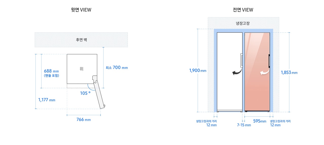 BESPOKE 김치플러스 1도어 키친핏 RQ32*(도어핸들) 모델 단독 설치가이드 이미지 입니다. 좌측 윗면 VIEW 영역에는 전면 핸들 포함 길이 688mm, 도어 오픈 최대 각도 105도, 최대 도어 열림 길이를 포함한 제품 정면 길이 766mm가 표기되어 있습니다. 제품 정면(도어 제외) 단면에서 제품 후면 끝까지의 길이 최소 700mm, 도어 오픈 105도 시 도어 길이를 포함한 측면 길이 1,177mm가 표기되어 있습니다. 우측 전면 VIEW 영역에는 BESPOKE 김치플러스 1도어(우열림)에 글램피치 패널이 부착되어 있고, 1도어 도어핸들 있는 일러스트 이미지와 함께 제품 전체 높이 1,853mm, 냉장고장과의 거리 12mm, 김치플러스 1도어 제품 길이 595mm, 최소간격 포함한 높이 1,900mm, 냉장고장과의 거리 12mm가 표기되어 있습니다.