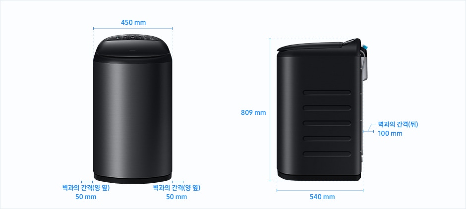 
                                아가사랑 설치 환경 가이드 이미지입니다.
                                좌측 이미지는 제품의 정면도입니다. 제품의 폭은 450 mm입니다.
                                상단 문을 열었을 때 제품의 높이는 1,150 mm입니다.
                                제품과 양 옆 벽과의 간격은 각각 50 mm의 공간이 필요합니다.
                                우측 이미지는 제품의 측면도입니다. 제품의 깊이는 540 mm입니다.
                                제품과 후방 벽과의 간격은 100 mm의 공간이 필요합니다.
                                제품의 높이는 809 mm입니다.