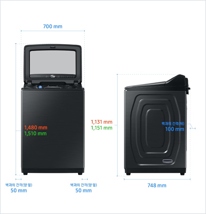 
                                통버블(전자동) 25 kg ~ 19 kg 설치 환경 가이드 이미지입니다.
                                좌측 이미지는 제품의 정면도입니다. 제품의 폭은 700 mm입니다.
                                WA23*8* /WA21*8* /WA19*8* 제품의 경우, 상단 문을 열었을 때 제품의 높이는 1,480 mm입니다.
                                WA25* 제품의 경우, 상단 문을 열었을 때 제품의 높이는 1,510 mm입니다.
                                제품과 양 옆 벽과의 간격은 각각 50 mm의 공간이 필요합니다.
                                우측 이미지는 제품의 측면도입니다. 제품의 깊이는 748 mm입니다.
                                WA23*8* /WA21*8* /WA19*8* 제품의 경우, 제품의 높이는 1,131 mm입니다.
                                WA25* 제품의 경우, 제품의 높이는 1,151 mm입니다.
                                제품과 후방 벽과의 간격은 100 mm의 공간이 필요합니다.