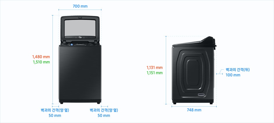 
                                통버블(전자동) 25 kg ~ 19 kg 설치 환경 가이드 이미지입니다.
                                좌측 이미지는 제품의 정면도입니다. 제품의 폭은 700 mm입니다.
                                WA23*8* /WA21*8* /WA19*8* 제품의 경우, 상단 문을 열었을 때 제품의 높이는 1,480 mm입니다.
                                WA25* 제품의 경우, 상단 문을 열었을 때 제품의 높이는 1,510 mm입니다.
                                제품과 양 옆 벽과의 간격은 각각 50 mm의 공간이 필요합니다.
                                우측 이미지는 제품의 측면도입니다. 제품의 깊이는 748 mm입니다.
                                WA23*8* /WA21*8* /WA19*8* 제품의 경우, 제품의 높이는 1,131 mm입니다.
                                WA25* 제품의 경우, 제품의 높이는 1,151 mm입니다.
                                제품과 후방 벽과의 간격은 100 mm의 공간이 필요합니다.