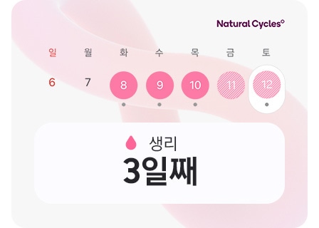 생리 주기 달력이 나타나며 'day 3' 텍스트와 함께 생리 기간과 Natural Cycles˚사의 로고가 표시되어 있습니다