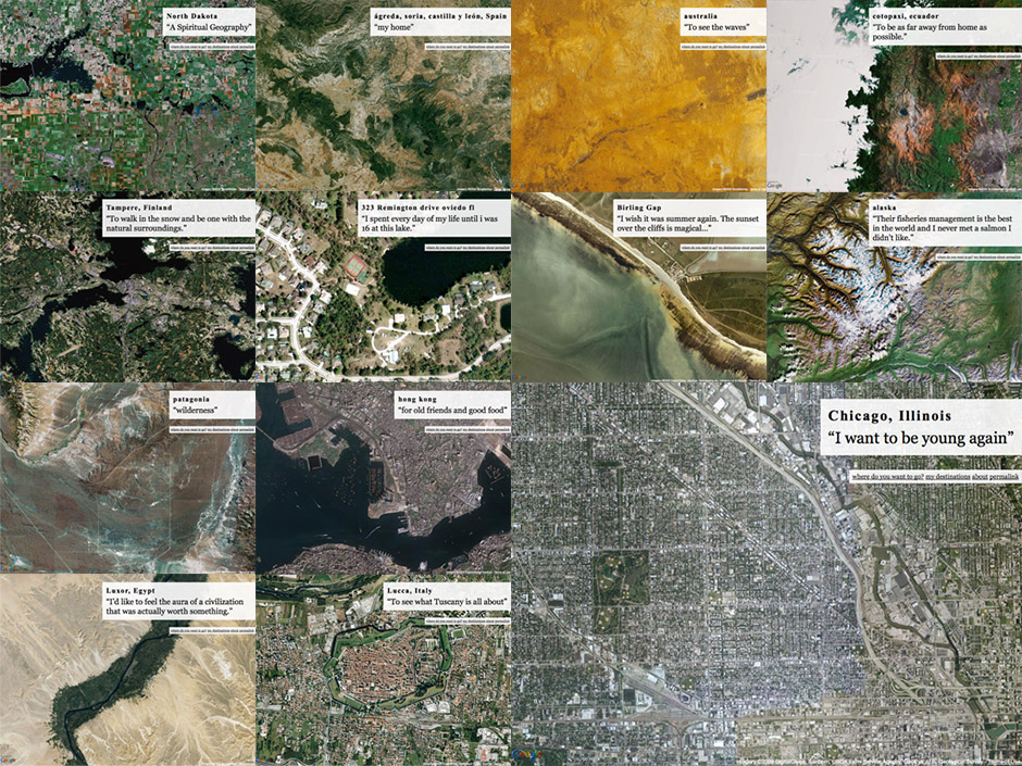 mosaic of satellite photos and place names submitted to destinations