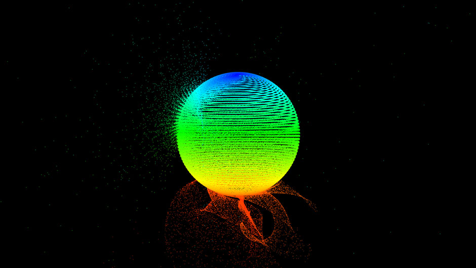 A distorted sphere composed of hundreds of thousands of colored particles.