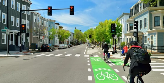 Close-up of commuter in bike lane