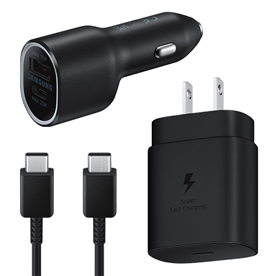 Samsung Ultimate Charging Bundle showcasing a wall charger, car charger, and dual USB-C charging cord