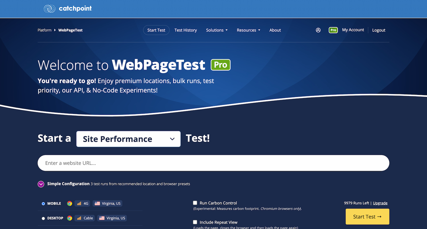 WebPageTest homepage