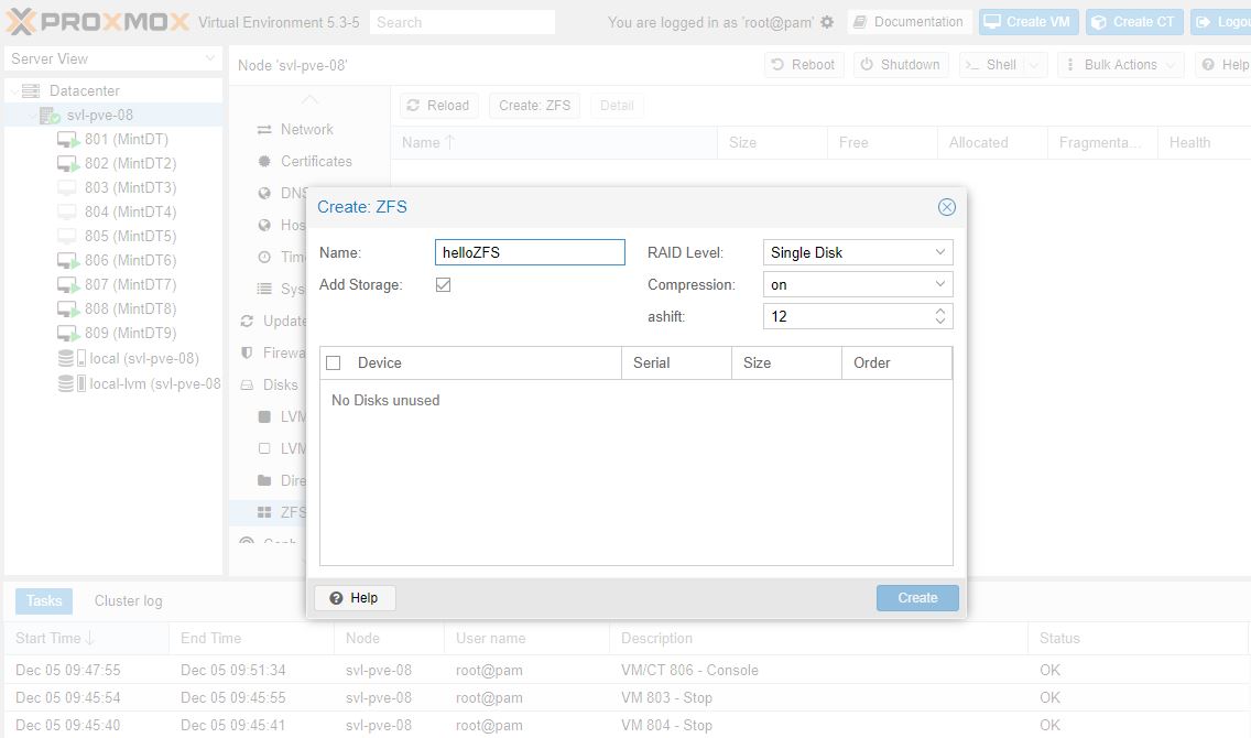 Proxmox VE 5 PCIe ZFS Creation GUI