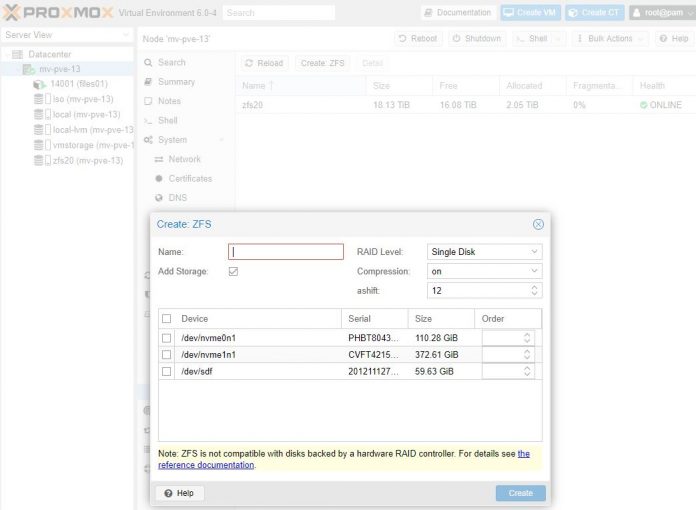 Proxmox VE 6.0 Create ZFS Tool