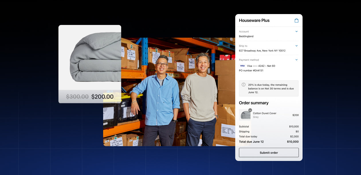 Collage showing two men in a warehouse, a screenshot of the Shopify Plus B2B self-checkout, and an image of a duvet cover