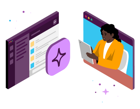 Ilustración de una persona trabajando en una ventana de Slack frente a una interfaz de la IA de Slack.