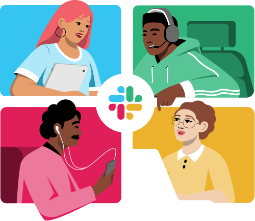 Slack のロゴを中心にして同僚 4 人が一緒に仕事をしているイラスト画像。