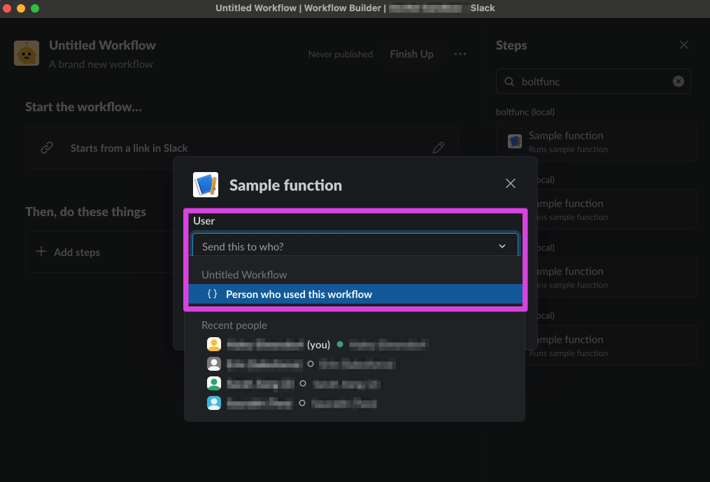 Configuring the sample function's inputs