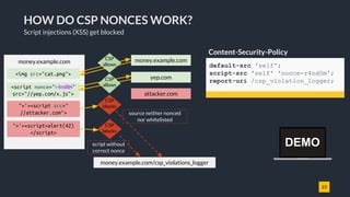 23
HOW DO CSP NONCES WORK?
Script injections (XSS) get blocked
Content-Security-Policy
default-src 'self';
script-src 'self' 'nonce-r4nd0m';
report-uri /csp_violation_logger;
money.example.com money.example.com
yep.com
attacker.com
<img src="cat.png">
">'><script>alert(42)
</script>
money.example.com/csp_violations_logger
CSP
blocks
script without
correct nonce
<script nonce="r4nd0m"
src="//yep.com/x.js">
">'><script src="
//attacker.com">
CSP
blocks
source neither nonced
nor whitelisted
CSP
allows
CSP
allows
DEMO
 