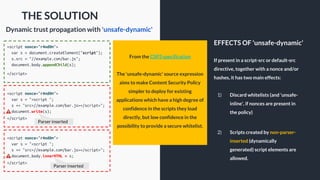 From the CSP3 specification
The 'unsafe-dynamic' source expression
aims to make Content Security Policy
simpler to deploy for existing
applications which have a high degree of
confidence in the scripts they load
directly, but low confidence in the
possibility to provide a secure whitelist.
If present in a script-src or default-src
directive, together with a nonce and/or
hashes, it has two main effects:
1) Discard whitelists (and 'unsafe-
inline', if nonces are present in
the policy)
2) Scripts created by non-parser-
inserted (dynamically
generated) script elements are
allowed.
EFFECTS OF 'unsafe-dynamic'
THE SOLUTION
Dynamic trust propagation with 'unsafe-dynamic'
<script nonce="r4nd0m">
var s = document.createElement("script");
s.src = "//example.com/bar.js";
document.body.appendChild(s);
</script>
<script nonce="r4nd0m">
var s = "<script ";
s += "src=//example.com/bar.js></script>";
document.write(s);
</script>
<script nonce="r4nd0m">
var s = "<script ";
s += "src=//example.com/bar.js></script>";
document.body.innerHTML = s;
</script>
Parser inserted
Parser inserted
 