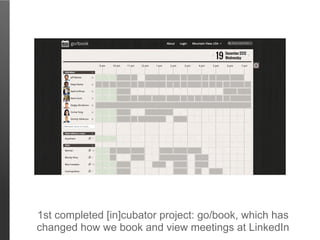 1st completed [in]cubator project: go/book, which has
changed how we book and view meetings at LinkedIn
 