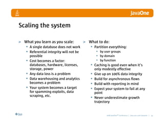 Scaling the system

 What you learn as you scale:           What to do:
  • A single database does not work     • Partition everything:
  • Referential integrity will not be        • by user groups
      possible                               • by domain
  •   Cost becomes a factor:                 • by function
      databases, hardware, licenses,    • Caching is good even when it’s
      storage, power                        only modestly effective
  •   Any data loss is a problem        •   Give up on 100% data integrity
  •   Data warehousing and analytics    •   Build for asynchronous flows
      becomes a problem                 •   Build with reporting in mind
  •   Your system becomes a target      •   Expect your system to fail at any
      for spamming exploits, data           point
      scraping, etc.
                                        •   Never underestimate growth
                                            trajectory


                                                   2008 JavaOneSM Conference | java.sun.com/javaone | 34