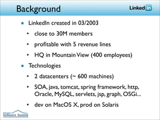 Background
■ LinkedIn created in 03/2003
  • close to 30M members
  • proﬁtable with 5 revenue lines
  • HQ in Mountain View (400 employees)
■ Technologies
  • 2 datacenters (~ 600 machines)
  • SOA, java, tomcat, spring framework, http,
    Oracle, MySQL, servlets, jsp, graph, OSGi...
  • dev on MacOS X, prod on Solaris
 