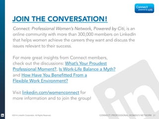 CONNECT: PROFESSIONAL WOMEN’S NETWORK©2014 LinkedIn Corporation. All Rights Reserved. 21
JOIN THE CONVERSATION!
Connect: Professional Women’s Network, Powered by Citi, is an
online community with more than 300,000 members on LinkedIn
that helps women achieve the careers they want and discuss the
issues relevant to their success.
For more great insights from Connect members,
check out the discussions: What’s Your Proudest
Professional Moment?, Is Work-Life Balance a Myth?
and How Have You Benefitted From a
Flexible Work Environment?
Visit linkedin.com/womenconnect for
more information and to join the group!
 